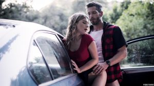 Teen hitchhiker Kristen Scott having oral sex with a stranger outdoors