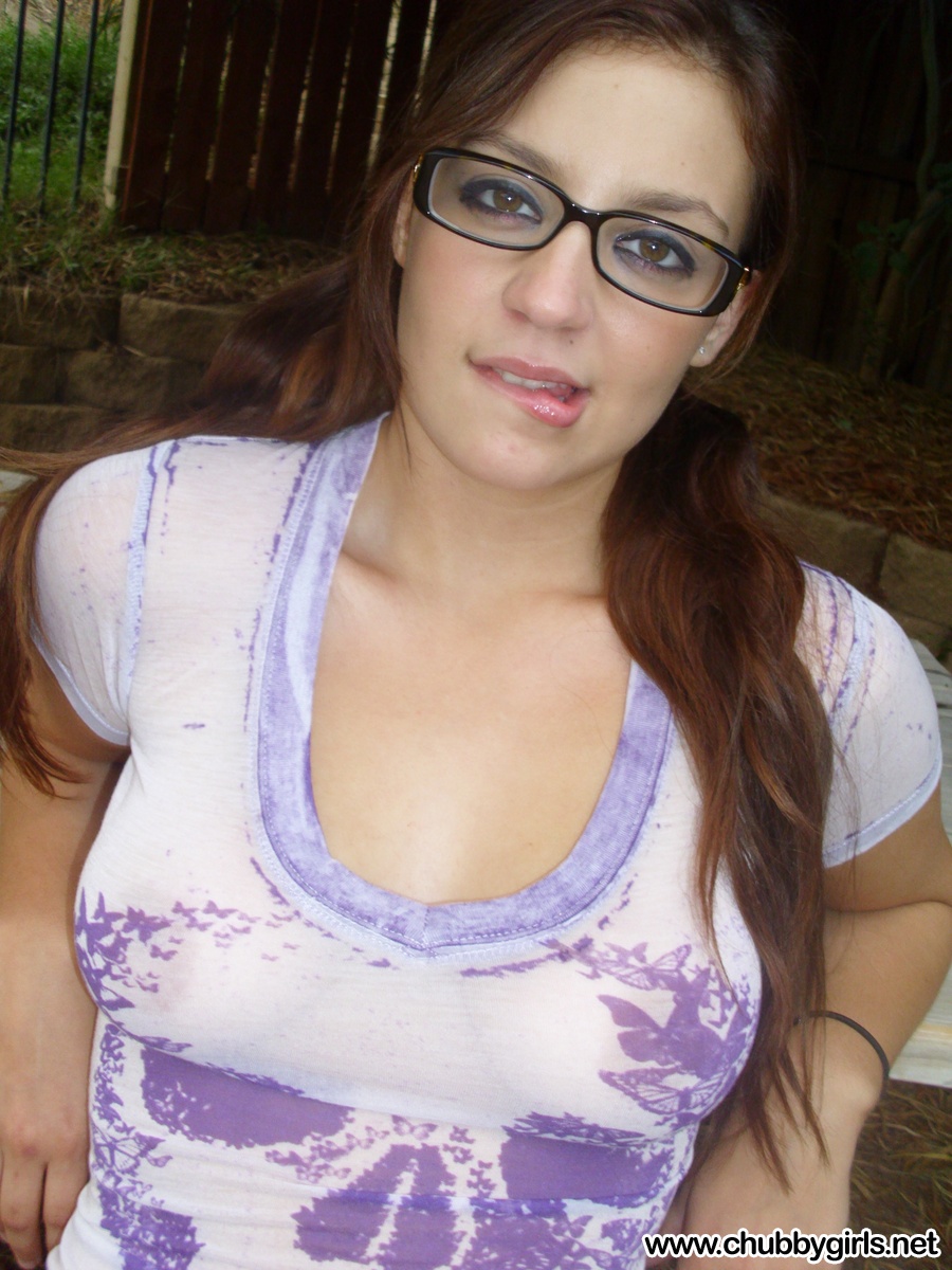Brunette Samantha in glasses shows her big fat tits outside in lace shorts